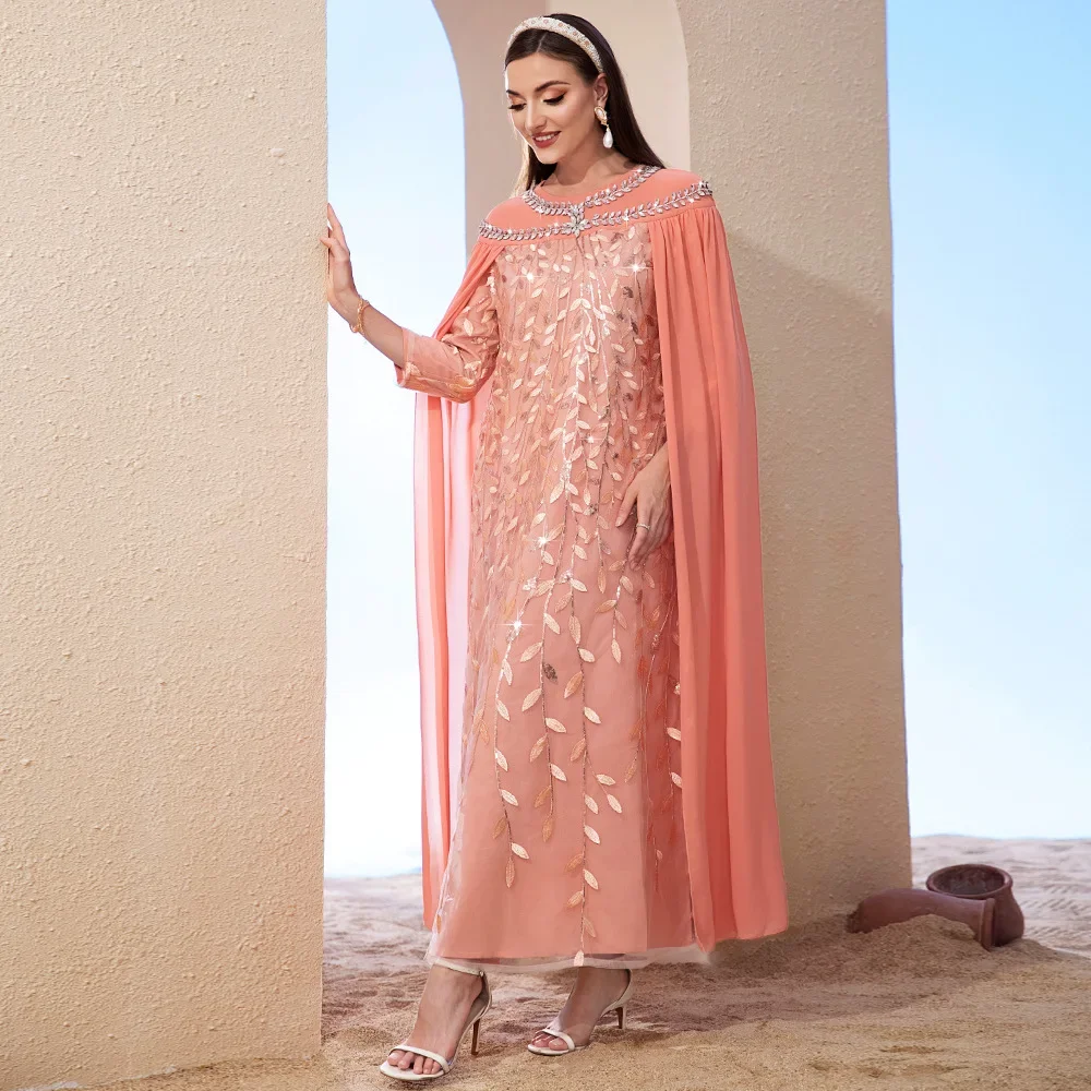 Abaya musulman brodé à motif de feuilles, Cape à la mode pour femmes, dubaï, turquie, faux deux robes, vêtements islamiques pour femmes, robe longue musulmane