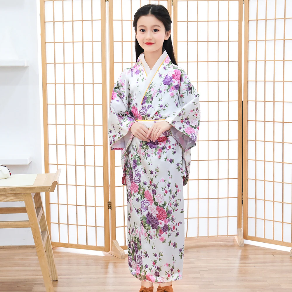 Peignoir Kimono japonais rouge pour enfants filles, vêtements de spectacle à fleurs imprimées Yukata avec Costume de Cosplay doux d'obrimoine