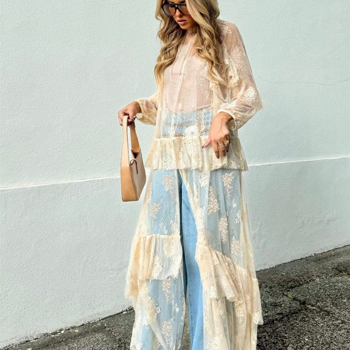 Femmes pure à manches longues dentelle Duster Robe voir à travers maille courte devant longue dos décontracté haut fluide asymétrique couverture Ups