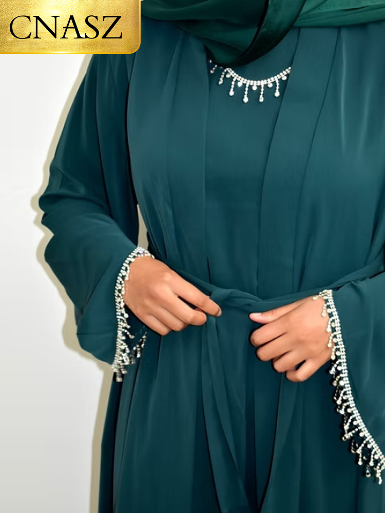 Abaya-Robe musulmane longue noire avec manchette et perles pour femme, tenue de soirée, style marocain, nouvelle collection