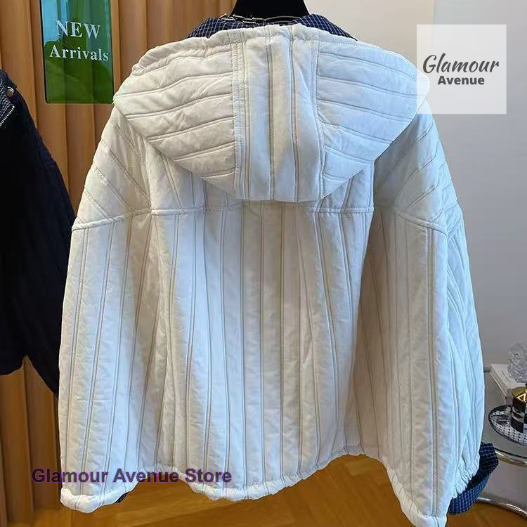 Veste à capuche en coton de style coréen pour femmes, nouvelle collection automne-hiver, veste décontractée à carreaux avec empiècements, légère et rembourrée en coton.