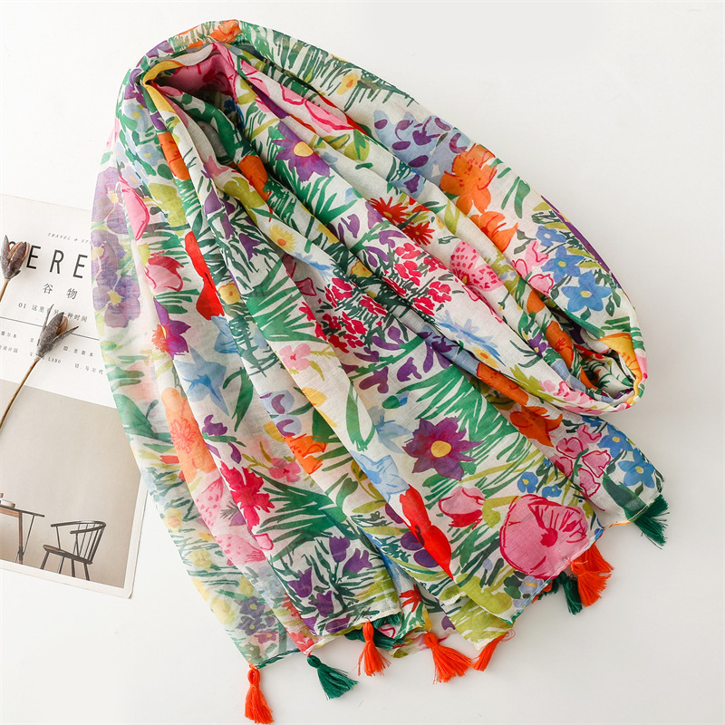 Écharpe imprimée plante tropicale, châle fin et respirant de style élégant avec glands, serviette de plage coupe-vent de protection solaire d'été pour femmes
