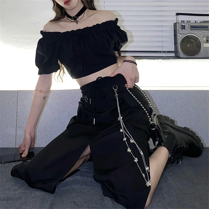 Jupe longue noire de Style coréen pour femmes, avec chaîne, fente latérale, Hip Hop, Streetwear, grande taille, nouvelle collection printemps automne 2025