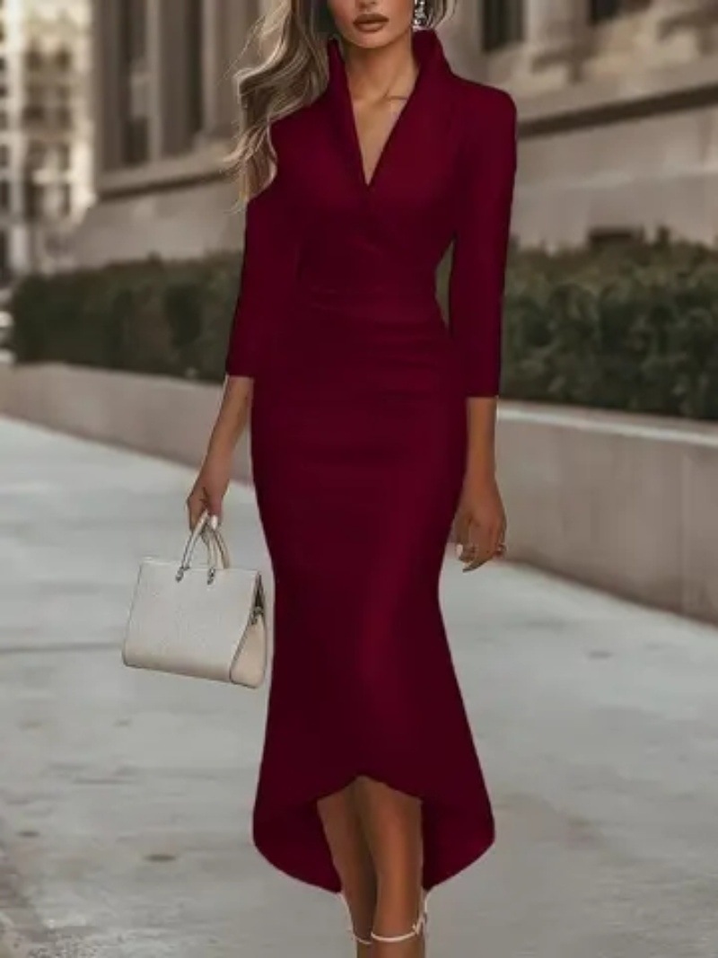Robe midi en satin à col châle, manches trois quarts, ceinture à la taille, ourlet asymétrique, robe de bureau