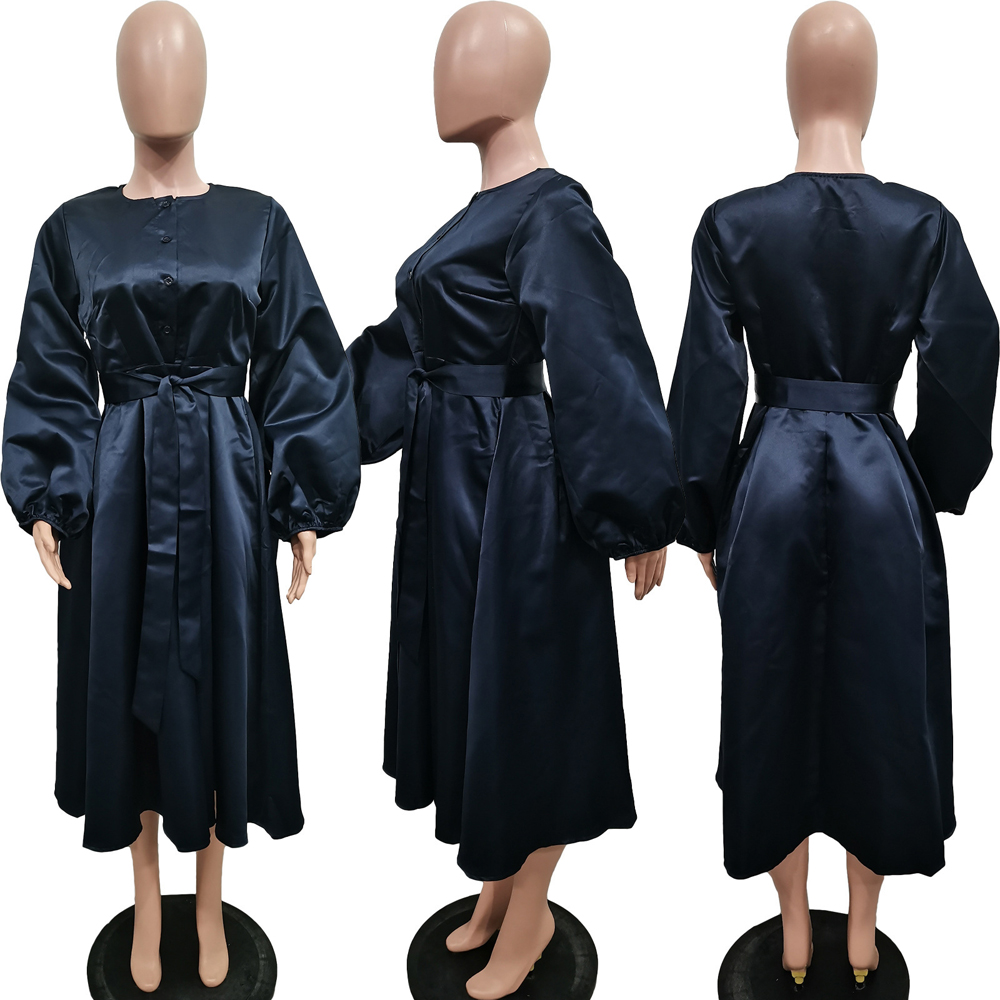 Robe Vintage Chic pour Femme, Style Swing, Manches Longues Lanterne, Ceinturée, Boutonnée, Élégante, en Satin Fluide, Coupe Maxi, A-Line ou Midi, pour Cérémonie et Soirée