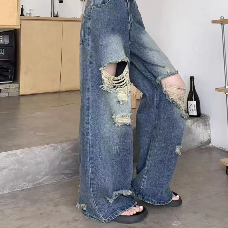 Pantalon en Denim décontracté femmes jean Vintage pantalon droit automne printemps mode femme bleu pantalon à jambes larges trou jean