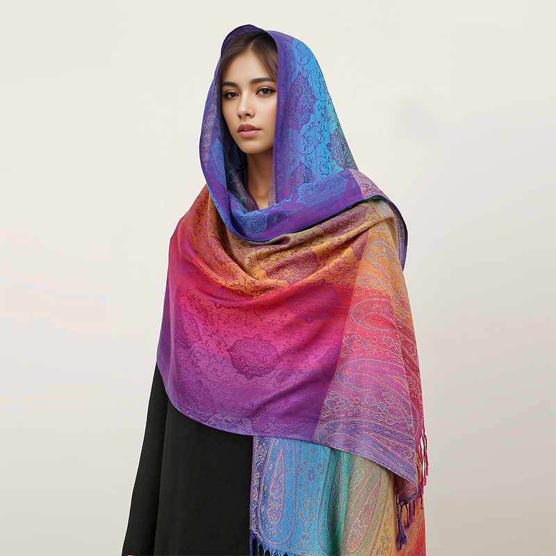 Couleurs arc-en-ciel hiver chaud épais Style ethnique Jacquard écharpe femmes voyage musulman Hijab cachemire gland châle enveloppement Pashmina