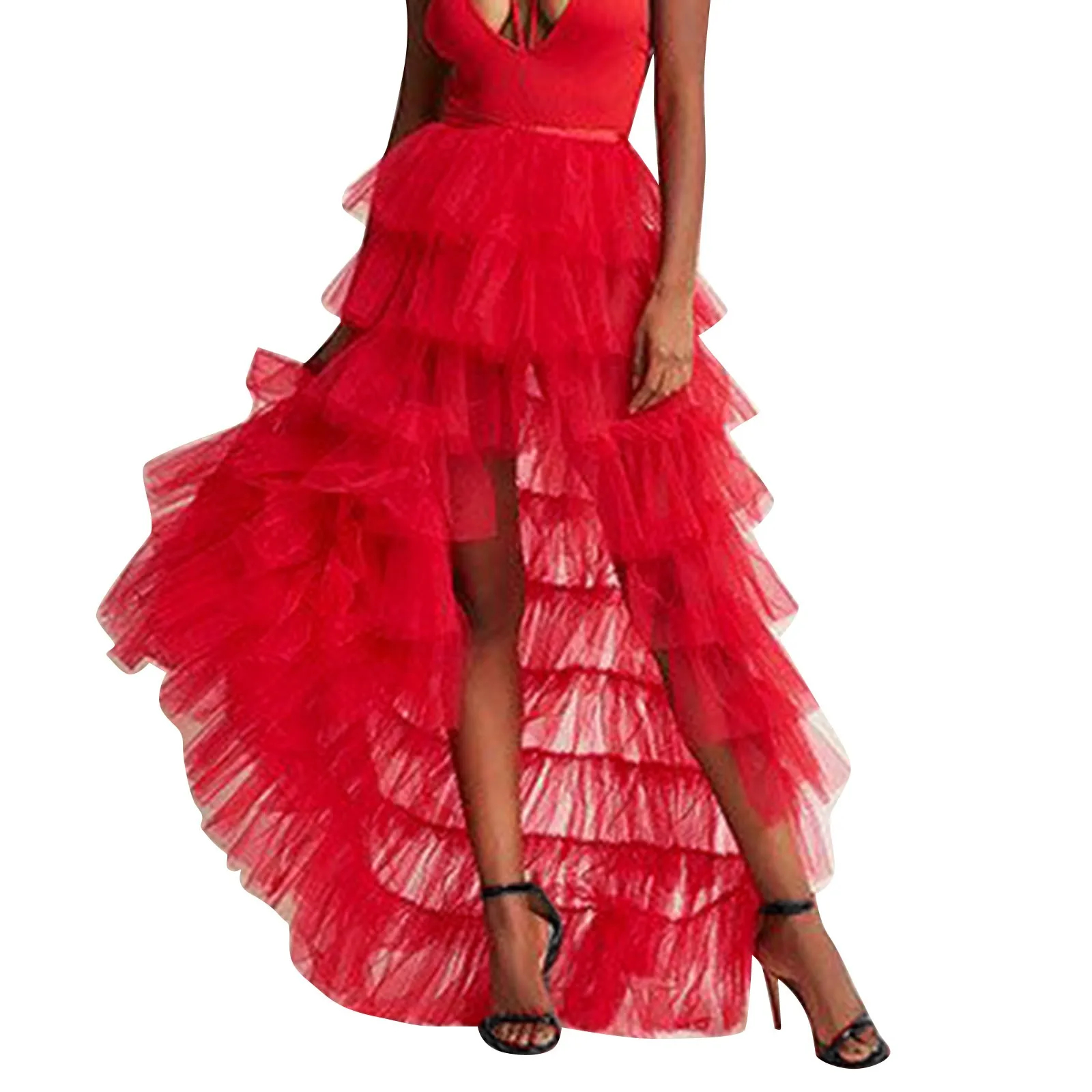 Jupe longue en Tulle à volants pour femmes, couleur unie, maille attachée, irrégulière, longueur au sol, traîne de fête, couvre-jupe