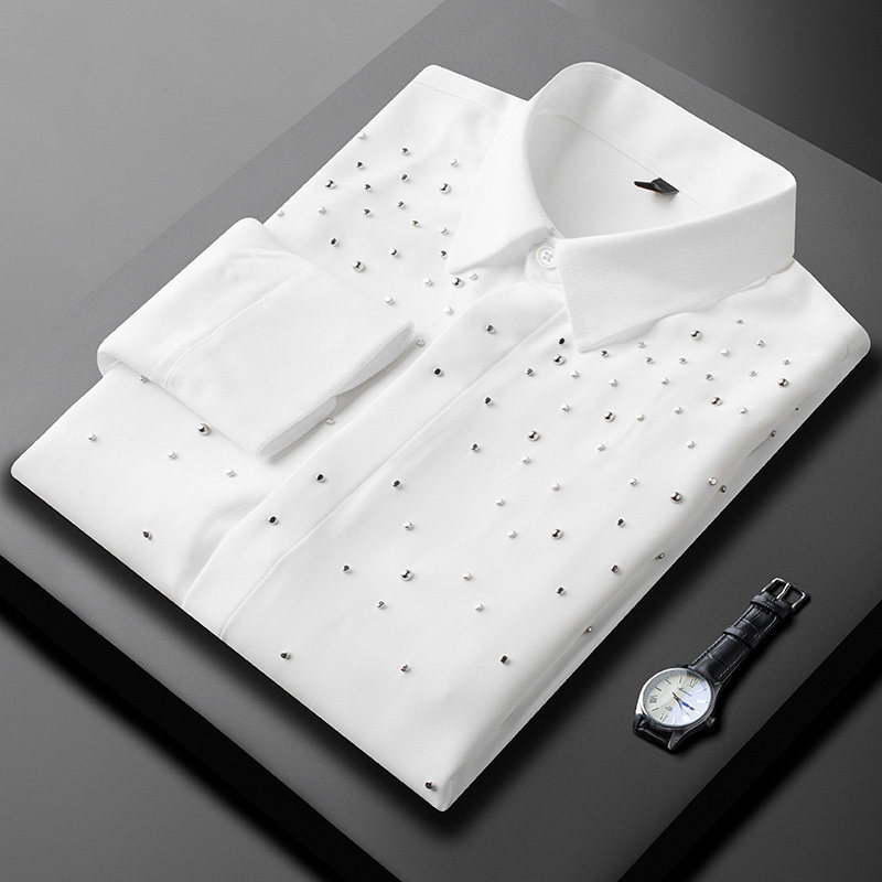 Chemise à manches longues pour homme décorée de strass, chemise de soirée à rivets, chemise de cérémonie, chemise décontractée pour affaires, Camisa Masculina