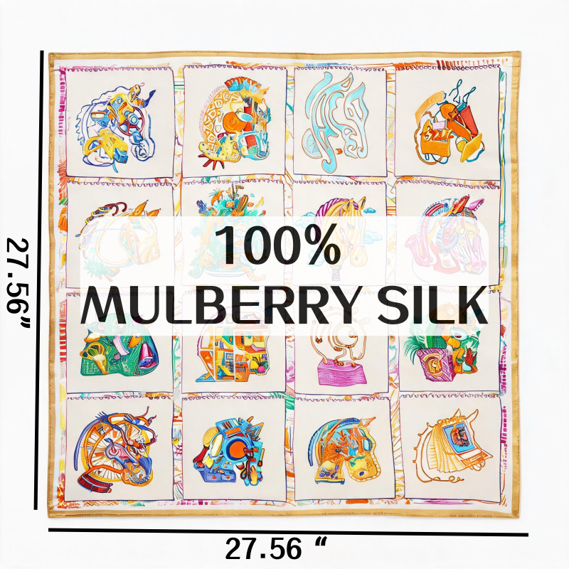 Écharpe en satin de soie de mûrier 100% pour femme, motif abstrait coloré cheval, carrée, multi-usage comme bandeau ou décoration de sac
