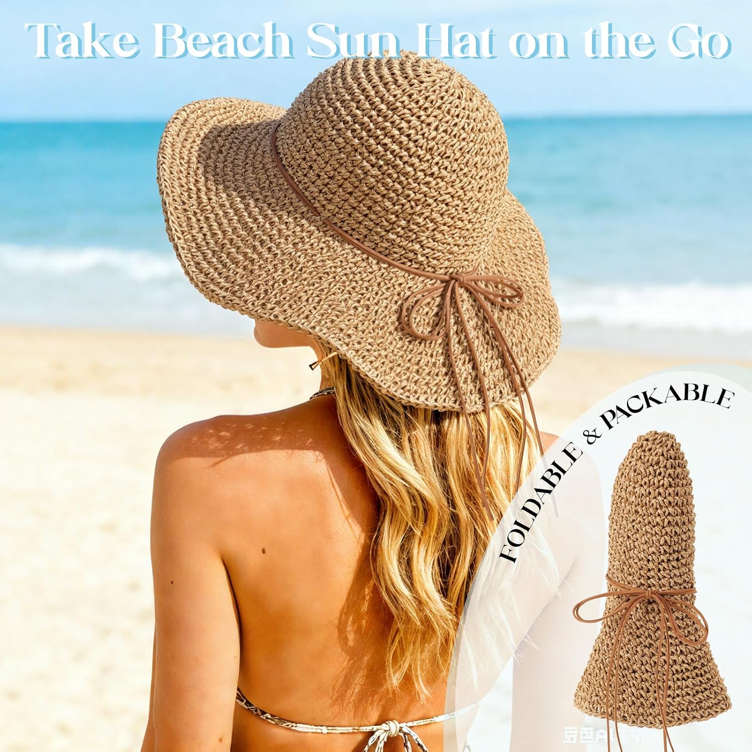 Chapeaux de paille de plage pour femmes, à large bord souple, pliables et enroulables pour l'été