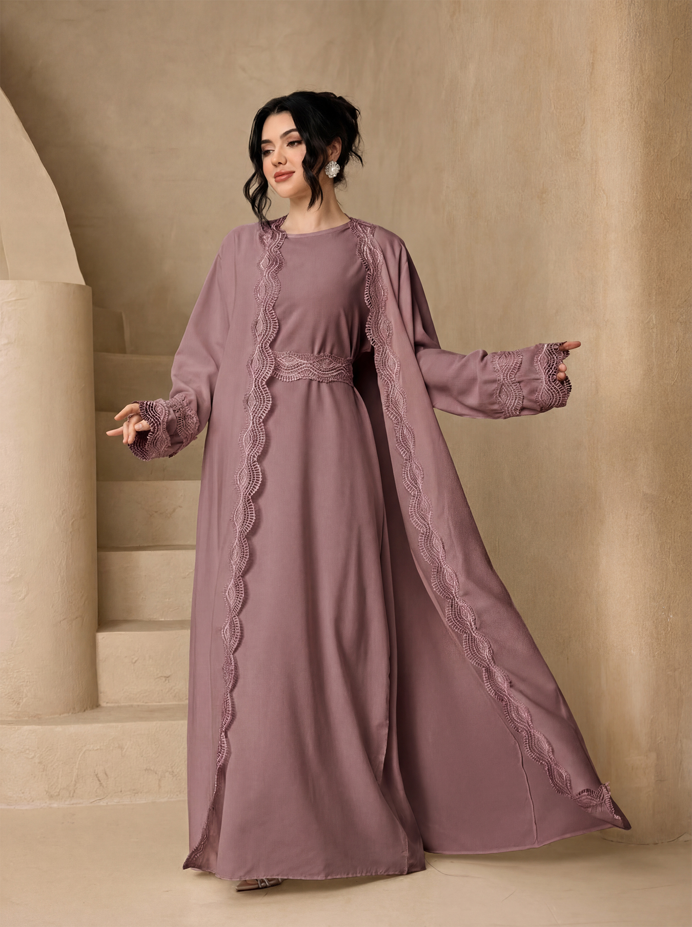 Ensemble Abaya 3 pièces avec ceinture et hijab, robe modeste à manches évasées pour femmes musulmanes, tenue quotidienne pour l'Aïd