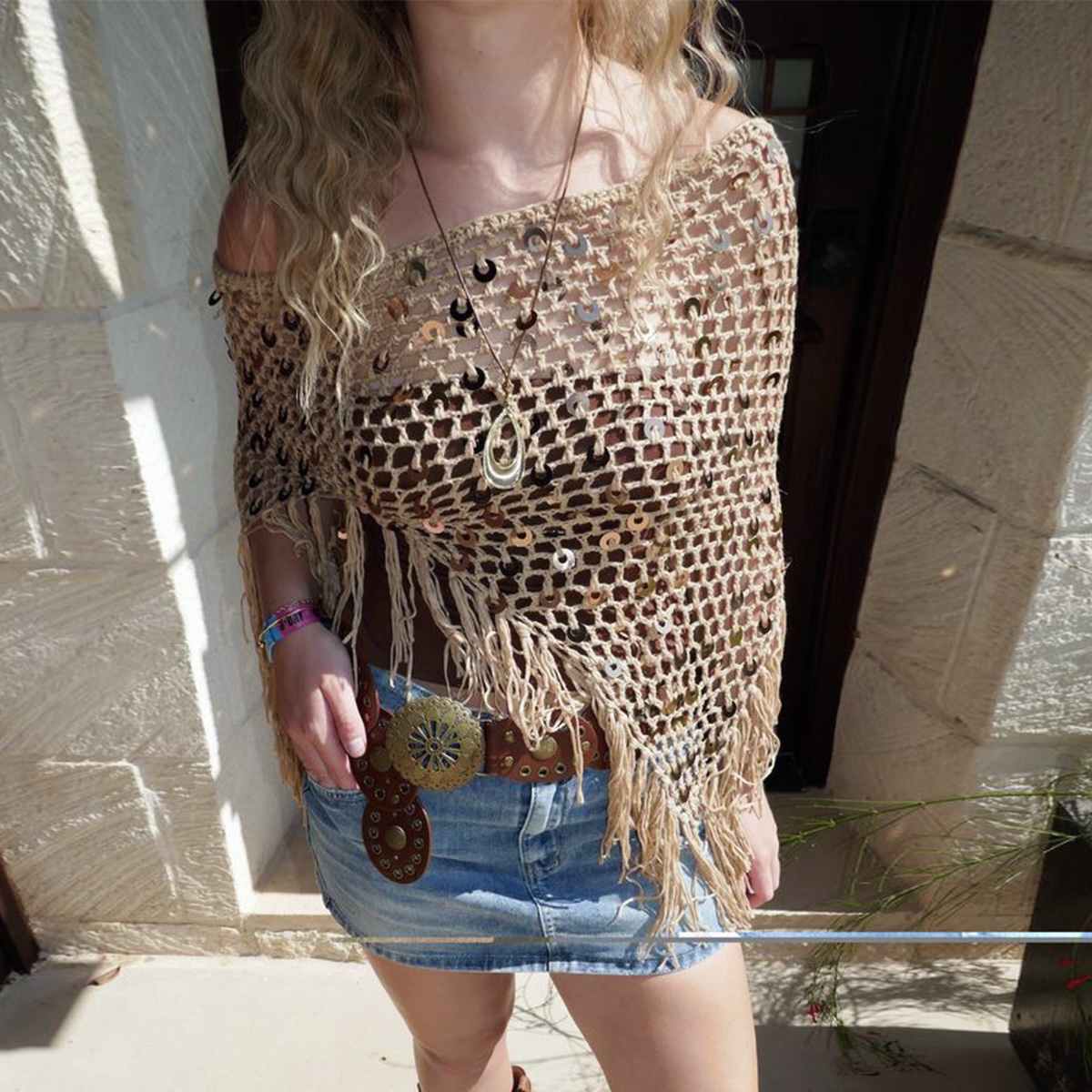 Haut à sequins crocheté à la main tendance, cache-maillot ajouré à franges pour l'été, les vacances à la plage et les soirées à la piscine, tenue de plage décontractée pour femme