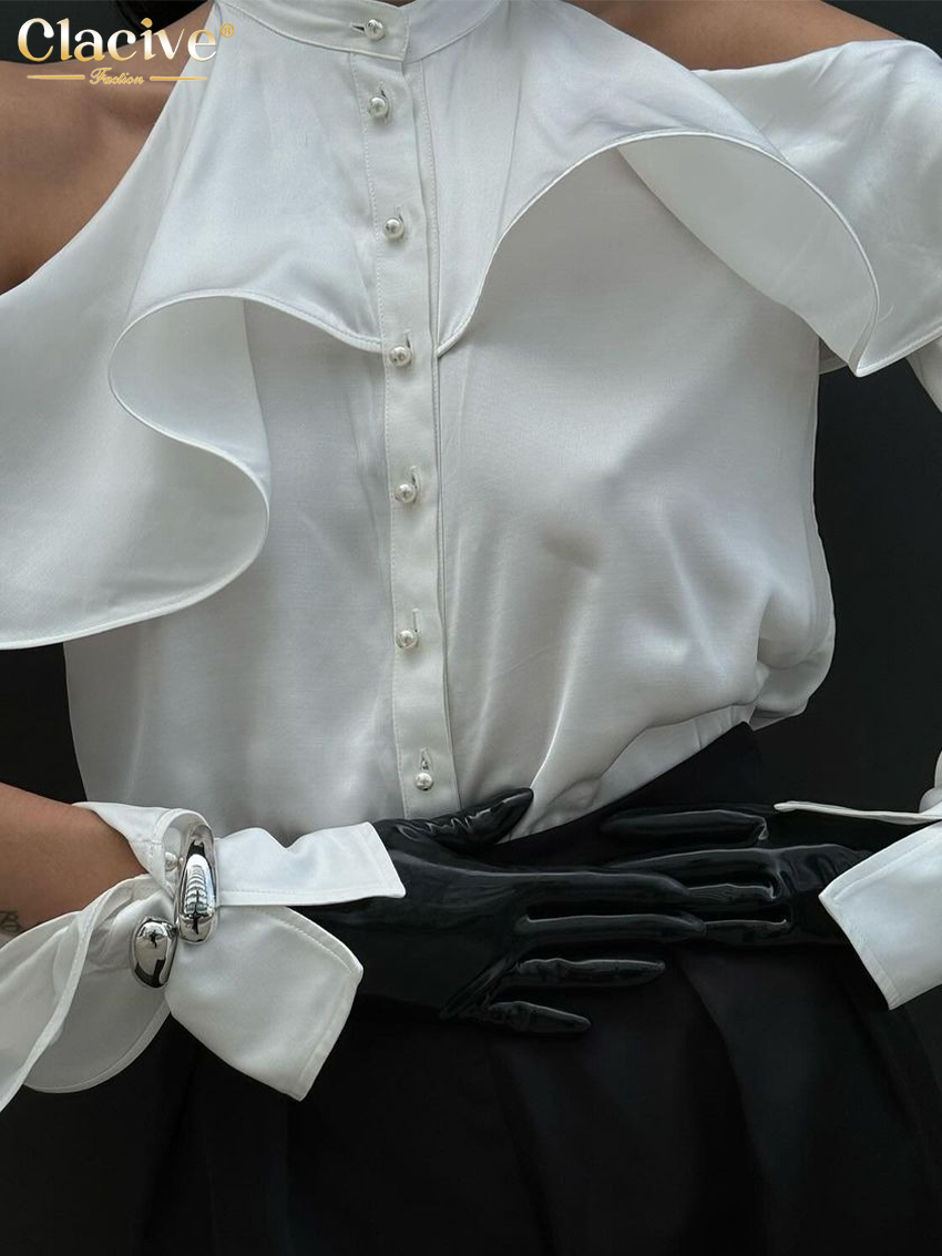 ClacMarkets-Chemise à manches longues à col rond pour femmes, haut à volants classique, vêtements féminins élégants, sexy, mode blanche