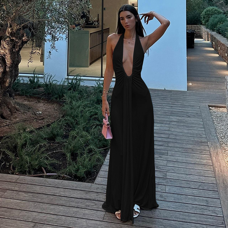 Robe moulante unie à col en V profond, style européen et américain, nouvelle collection 2026 pour femme
