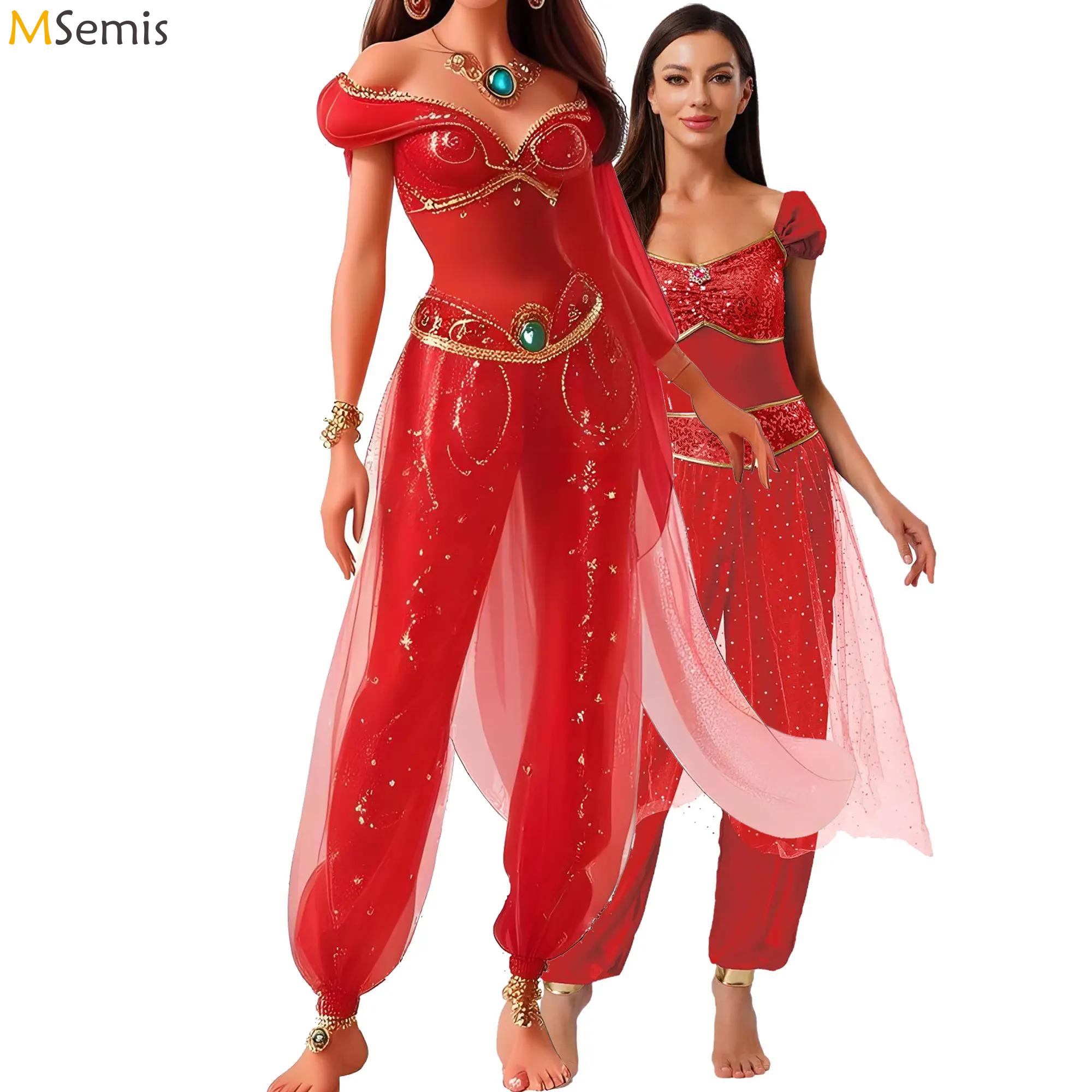 Costume de princesse arabe pour femmes, Halloween, carnaval, Aladiner, tenue de fête à thème Jasmines, barboteuse en Tulle à paillettes, combinaison de danse du ventre