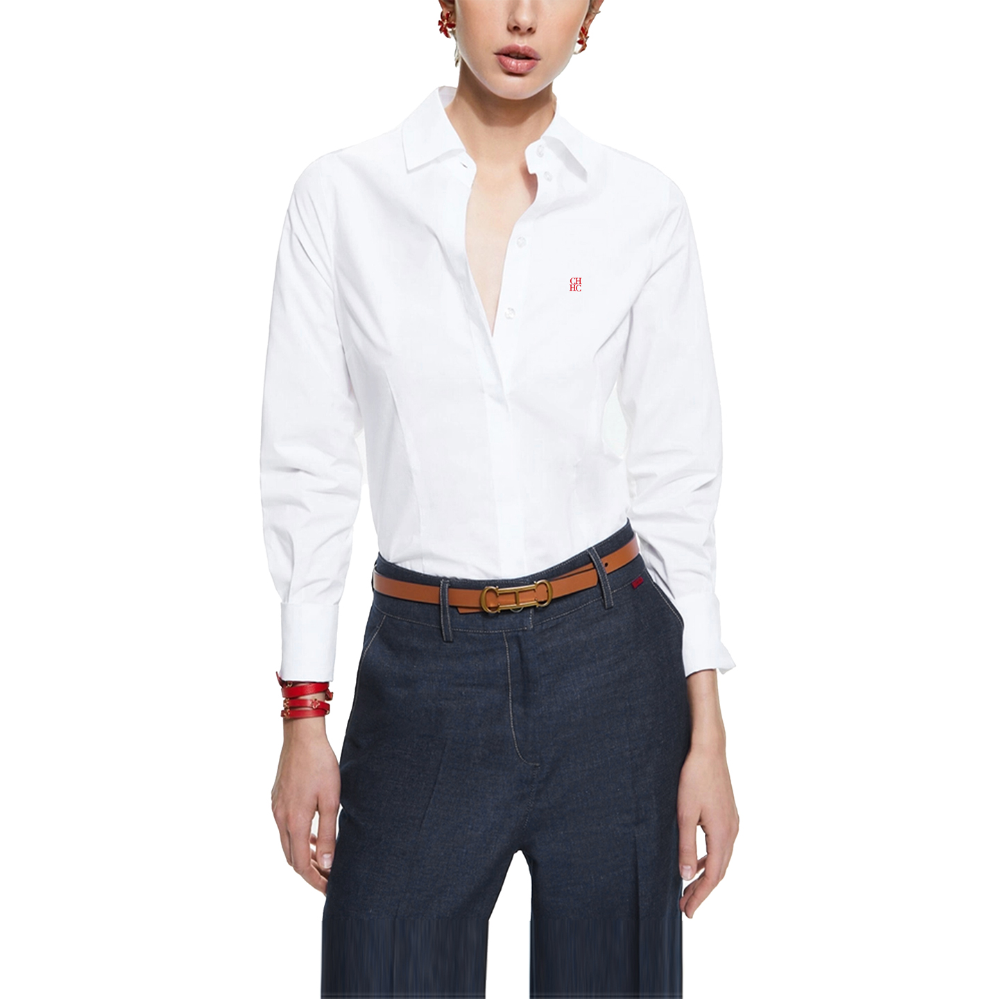 Vêtements pour femmes CH - Chemise blanche boutonnée pour femmes avec logo CHHC brodé, manches longues, décontractée, formelle, pour le bureau
