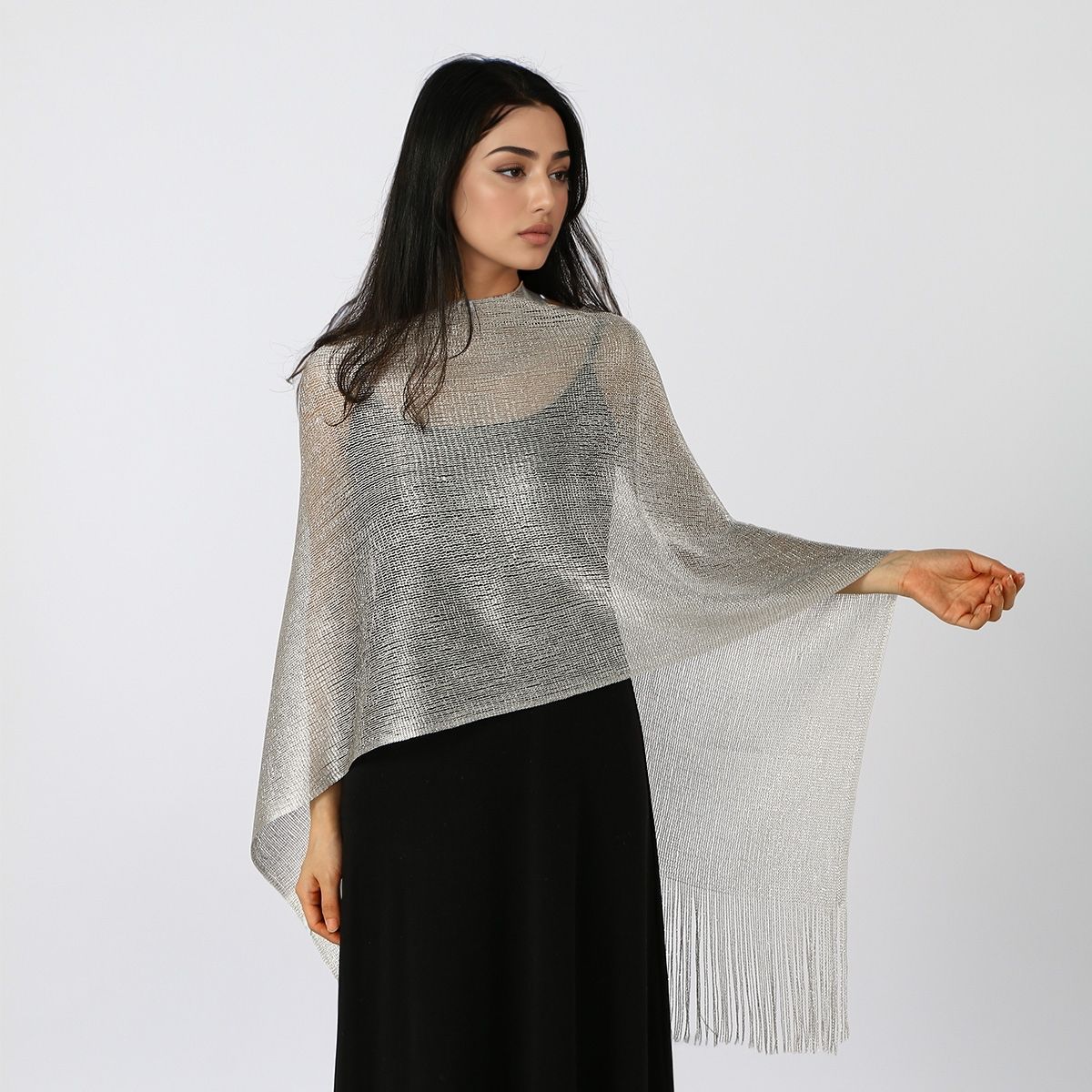 Châle en soie doré et argenté de qualité supérieure pour femme, avec longues franges, idéal pour mariée, demoiselle d'honneur, bal, soirée, mariage, ou comme tunique décontractée