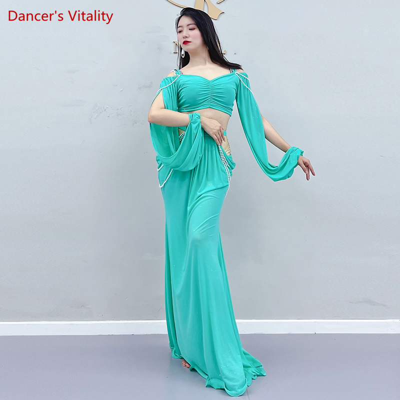 Vêtements de danse du ventre pour femmes, haut à manches en maille avec perles, jupe longue, ensemble de olympiques financièrement pour filles, tenue d'entraînement féminine, 2 pièces