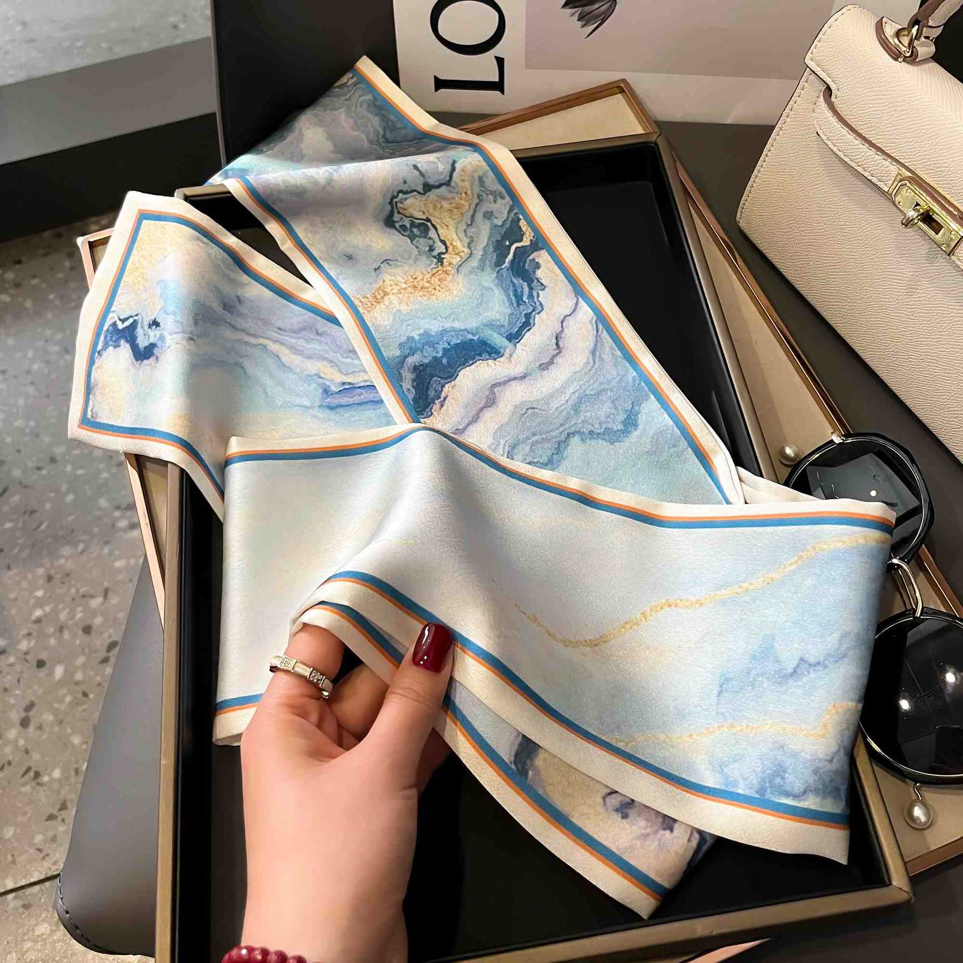 Écharpe longue de luxe en soie pour femme, douce, en satin imprimé, bandeau, foulard, écharpe pour cheveux, cravate de cou, écharpes fines