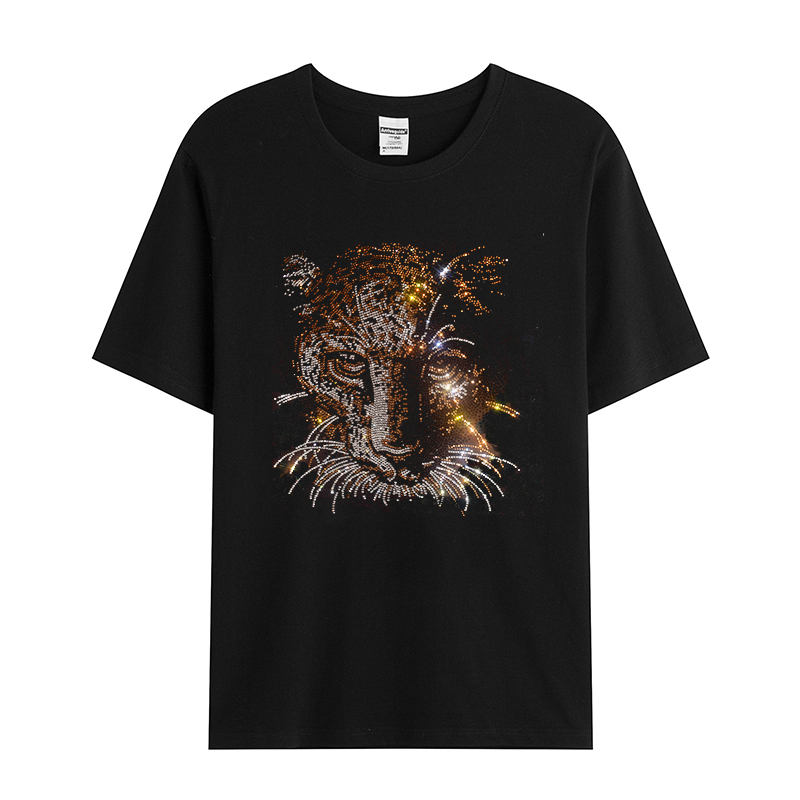 T-Shirt d'été décontracté à manches courtes en coton et soie glacée pour hommes, avec motif léopard en strass à la mode