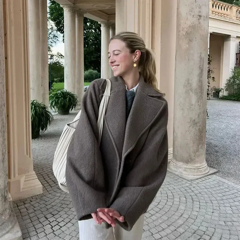 Manteau en laine à Double boutonnage pour femme, veste Blazer courte à revers, manches longues, élégante, couleur unie, chaude, ample, vêtements d'extérieur, mode automne hiver