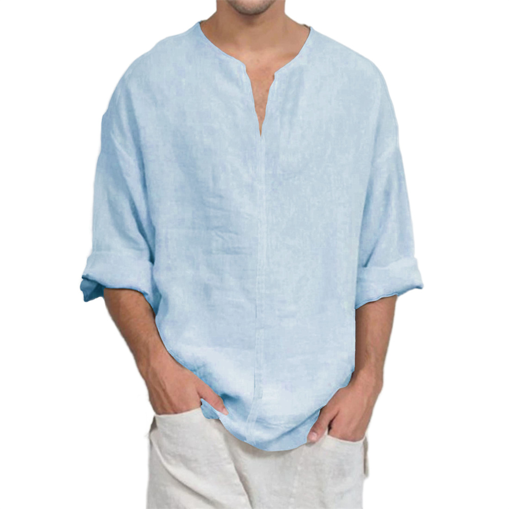 T-shirt à manches longues et col en v pour hommes, en coton et lin, décontracté, couleur unie, léger, respirant, confortable, à la mode