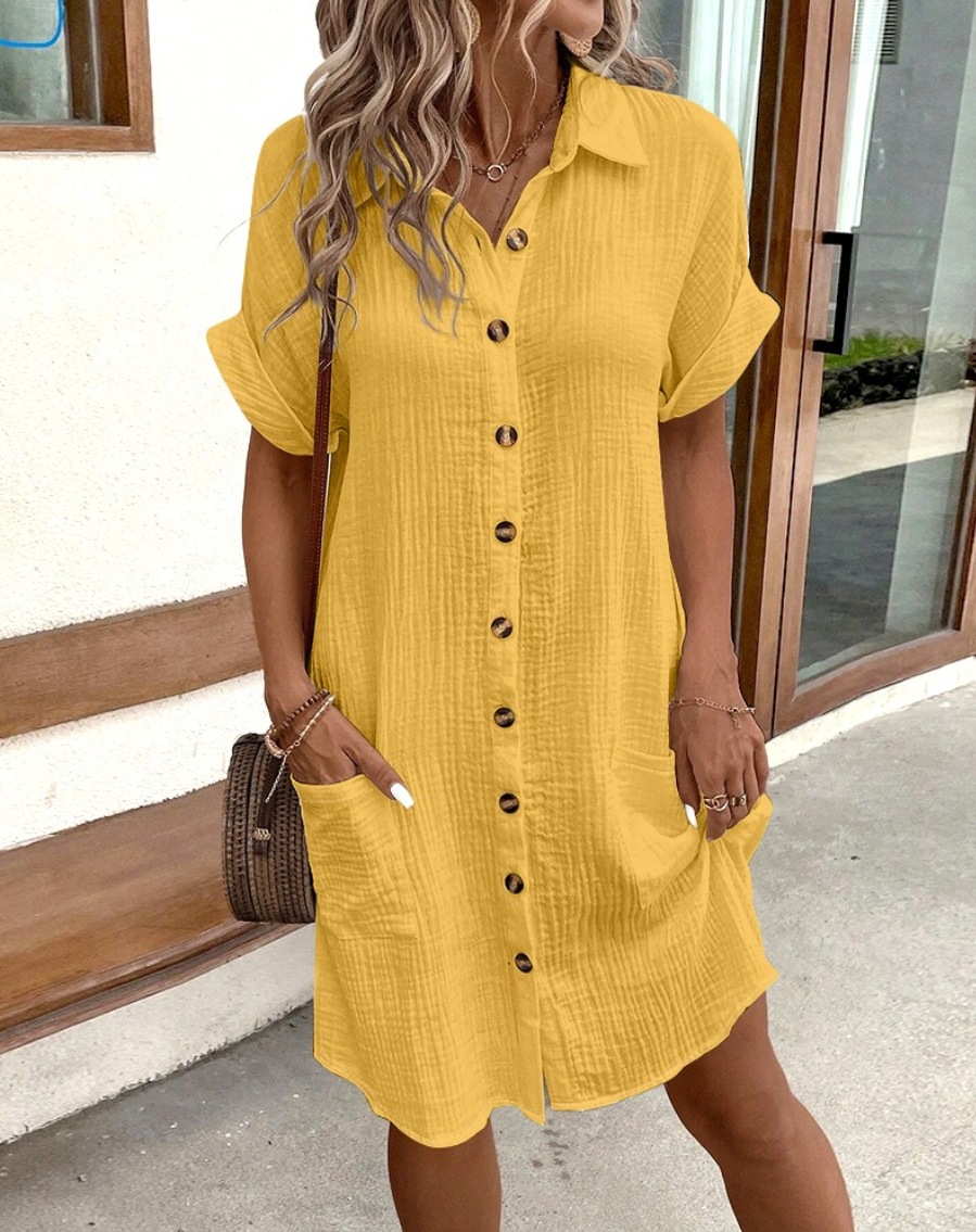 Robe chemise à manches courtes pour femmes, boutonnée, avec col et poches, pour un style décontracté d'été