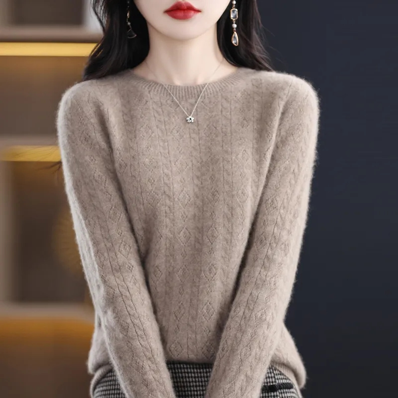 Pull en laine mérinos et cachemire pour femme, tricoté, col rond, manches longues, vêtements chauds, automne et hiver, 100%