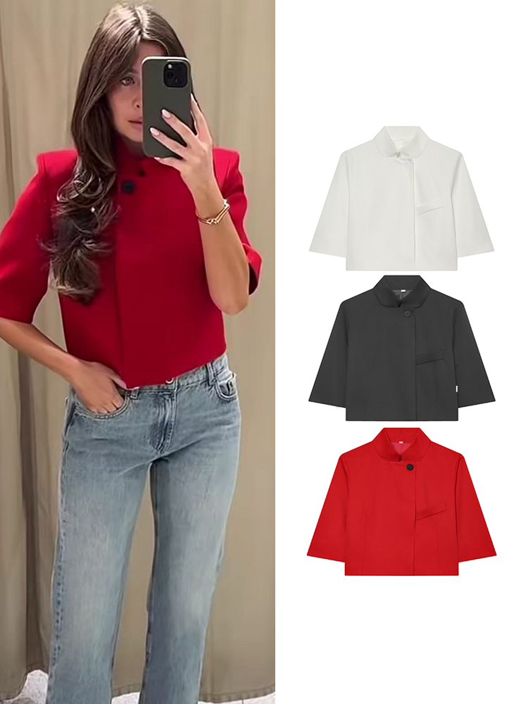 Veste Courte Unie pour Femme, Manteau Chic et Décontracté à Col Semi-Montant et Manches Courtes, Idéal pour le Printemps