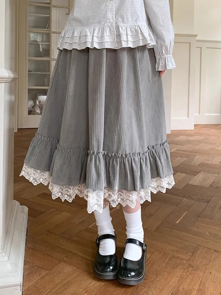 Printemps doux mignon jupe longue femmes Vintage Preppy Style dentelle Patchwork Kawaii jupes japon rétro décontracté dame élégante jupes longues
