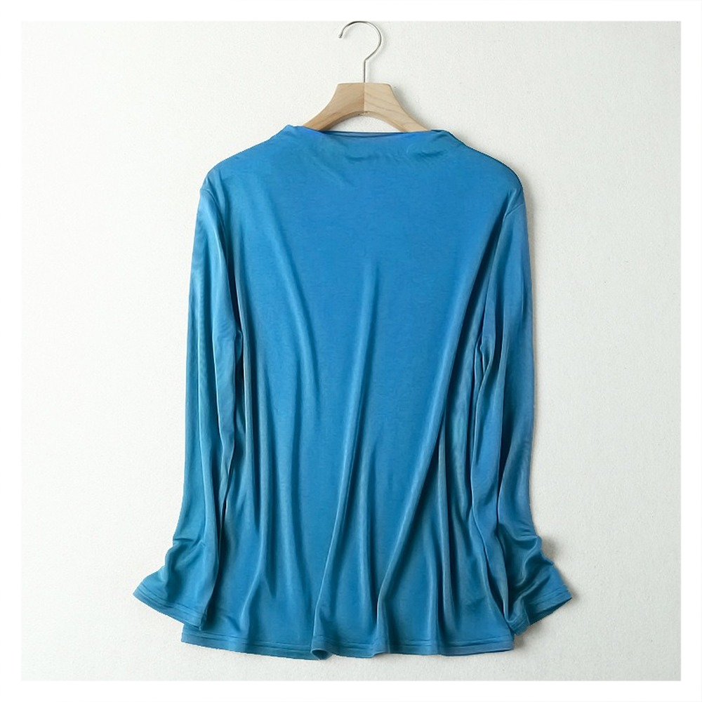 T-shirt en soie tricoté à manches longues pour femme, haut polyvalent à bascule, col rond, couleur unie, soie mûre, printemps et automne