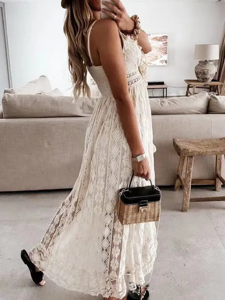 Robe longue en dentelle sans manches pour femmes, mode d'été, Sexy, plage, vacances, col en V, ajourée, robes amples élégantes