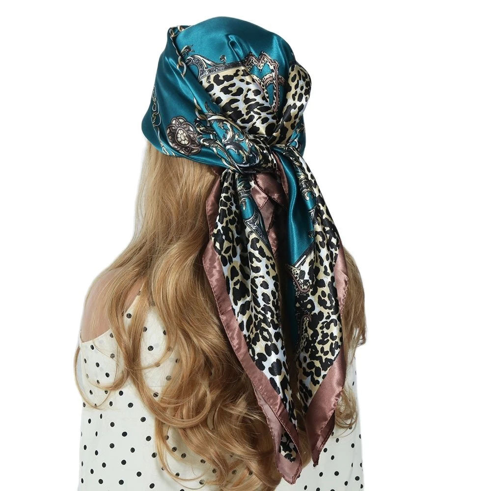 Écharpe carrée 1 pièce avec imprimé léopard et motif bloc de couleur-écharpe en Satin polyvalente, foulard de tête, foulard polyvalent semblable à de la soie
