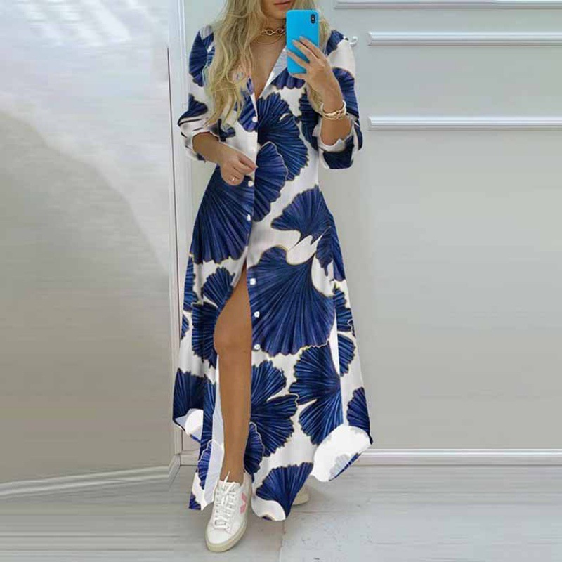 Vêtements pour femmes européennes et américaines, nouveau Style d'automne, chemise imprimée de tempérament, revers, simple boutonnage, longue et irrégulière, 2021