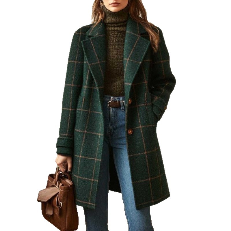 Manteau en laine pour femme 2026, style rétro à carreaux, décontracté et élégant, mi-long, avec revers, vêtements pour femme
