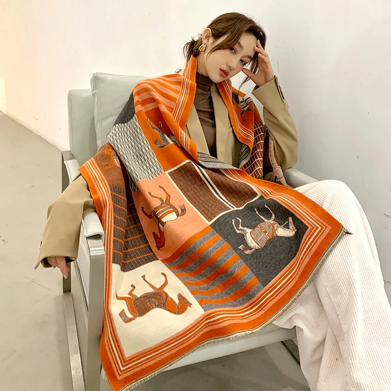 Écharpe de luxe en cachemire pour femme, Design chaud, couverture Pashmina, cheval, châle, épais, Bufanda, nouvelle collection hiver 2024