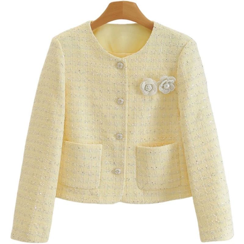 Nouveau Manteau Court Femme 2026 en Tweed, Col Rond, Simple Boutonnage, Style Cardigan, Coupe Ajustée et Ample, Tendance Jeune, Style Petite Fragrance