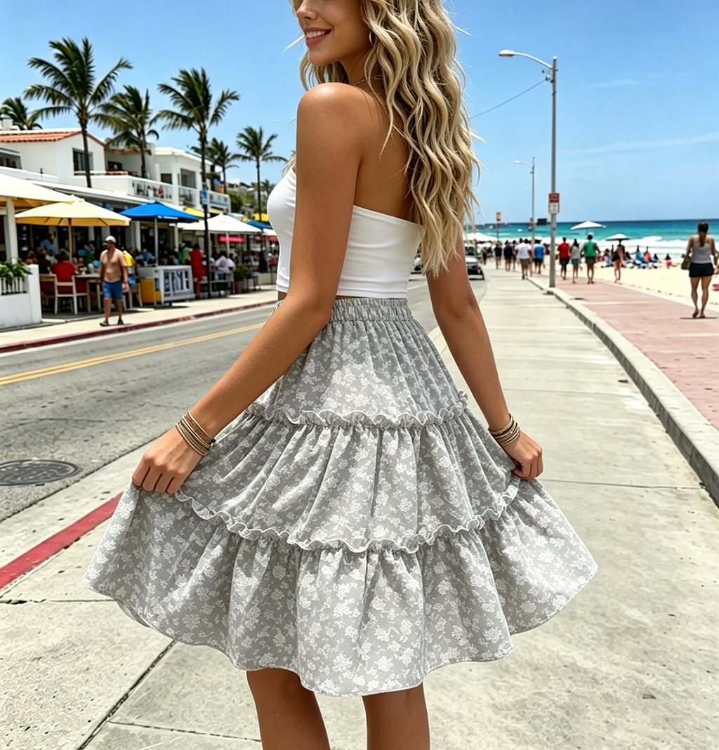 Jupe courte évasée à volants taille haute élastique imprimé floral style bohème pour femme, collection été 2026 – Idéale pour la plage et les vacances