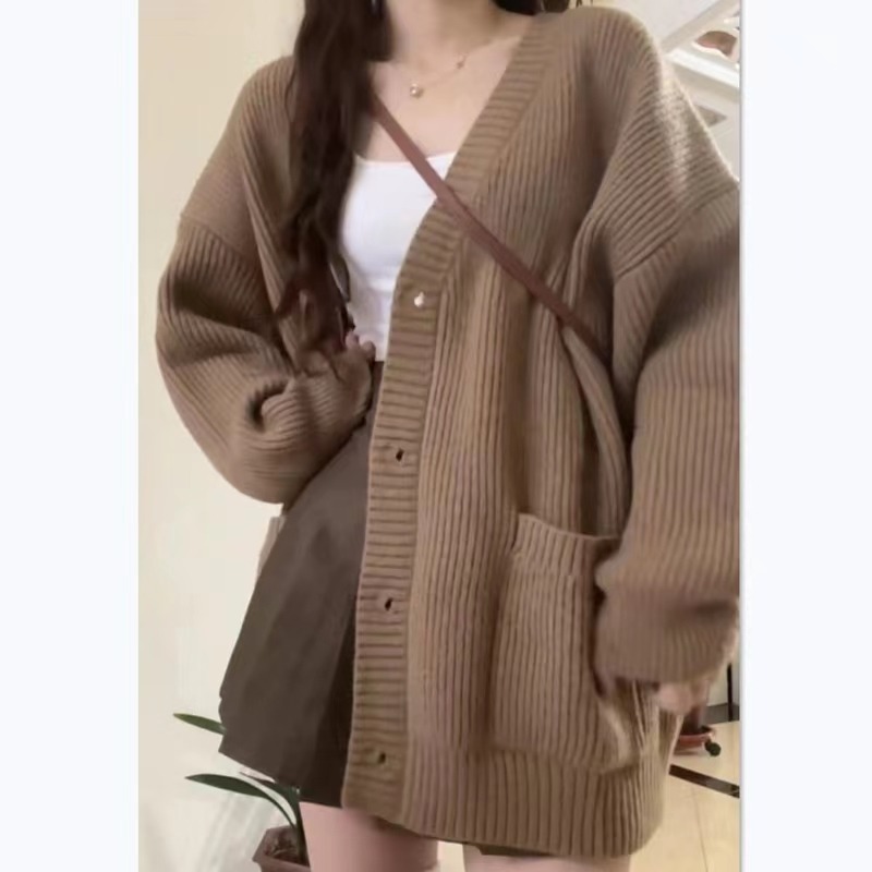 Automne hiver femmes Cardigan pull manteaux mode femme à manches longues col en v lâche tricoté vestes pull décontracté Cardigans