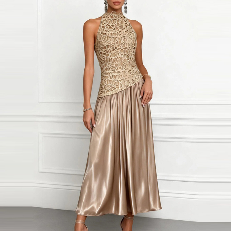 Robe de soirée élégante pour femme, col rond, taille haute, unie, plissée, longue, sexy, sans manches, avec broderie en dentelle et empiècements