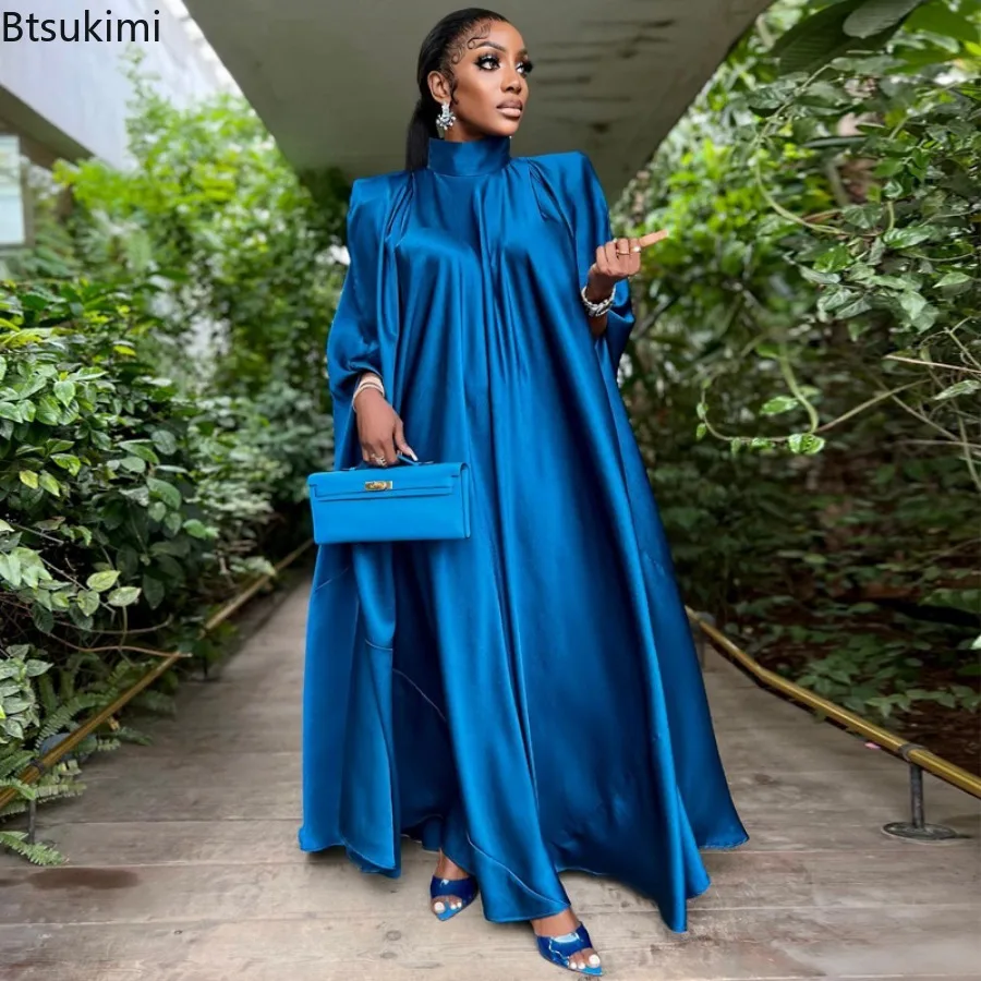 Abaya-Robe de soirée en satin uni pour femmes, robe musulmane de luxe, robe indienne de Dubaï, pull élégant à col haut, robes de soirée