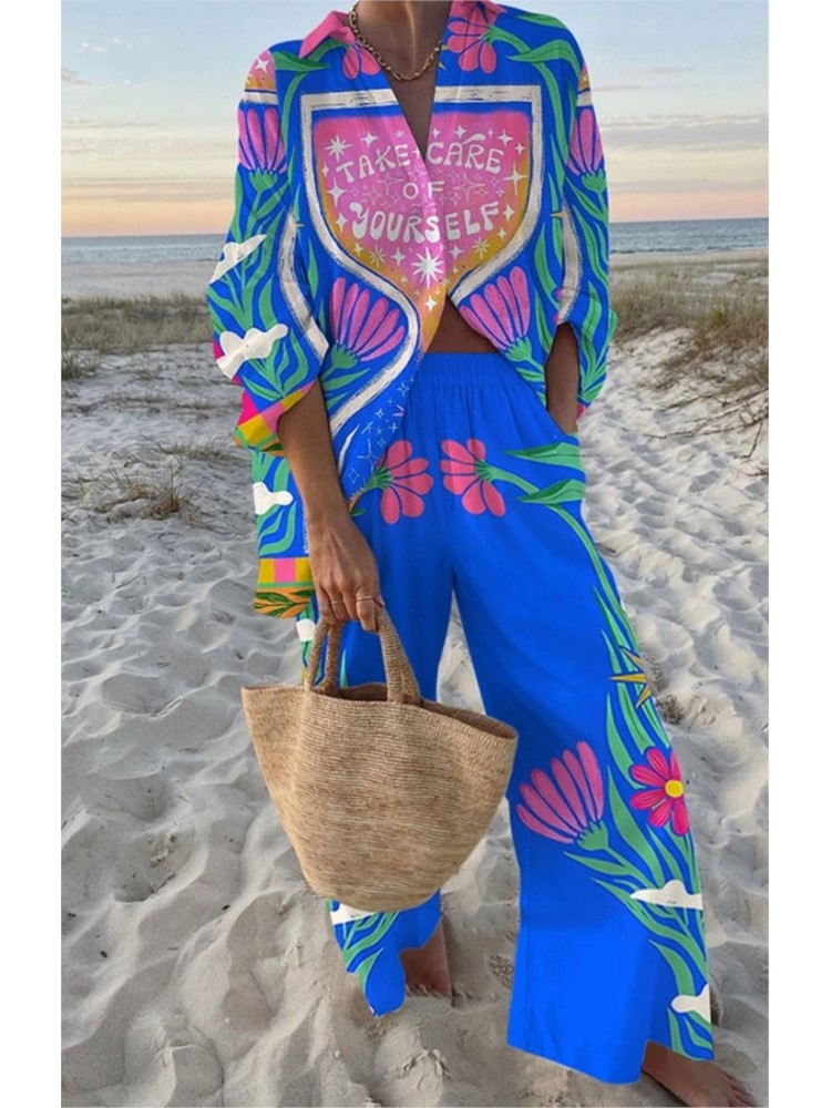 Ensemble de vacances d'automne pour femmes, chemise imprimée à manches longues + pantalon à jambes larges, ensemble 2 pièces pour femmes, vêtements Boho, nouvelle collection