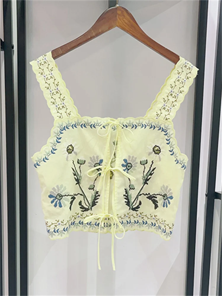 Débardeur camisole brodé de fleurs 2 couleurs pour femme + Gilet court sans manches ou Jupe midi fendue taille haute droite