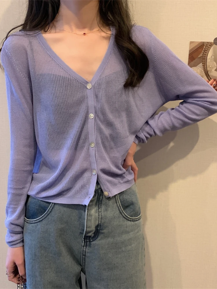Femmes 2026 Cardigans à manches longues tricoté vêtements d'extérieur solide mince printemps chandails courts col en v tricots mode coréenne Cardigans