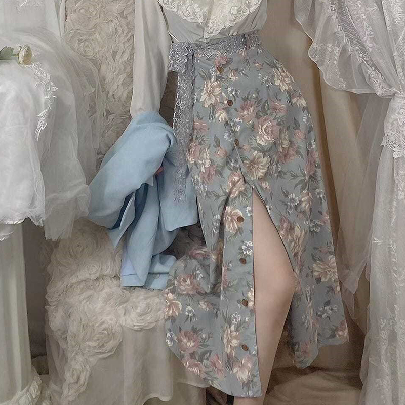 Jupe Femme Vintage Florale Y2K Taille Haute Élégante Boutonnée Décontractée Fendue Sexy Streetwear Été Nouvelle Tendance