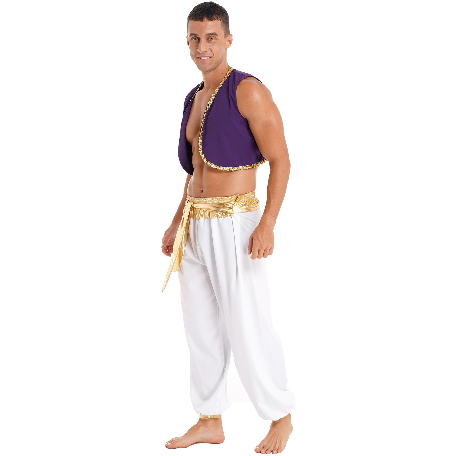 Costume de Prince arabe d'halloween pour hommes, robe fantaisie de fête des Aladines mythiques, tenue de Cosplay, gilet à paillettes avec pantalon ceinturé