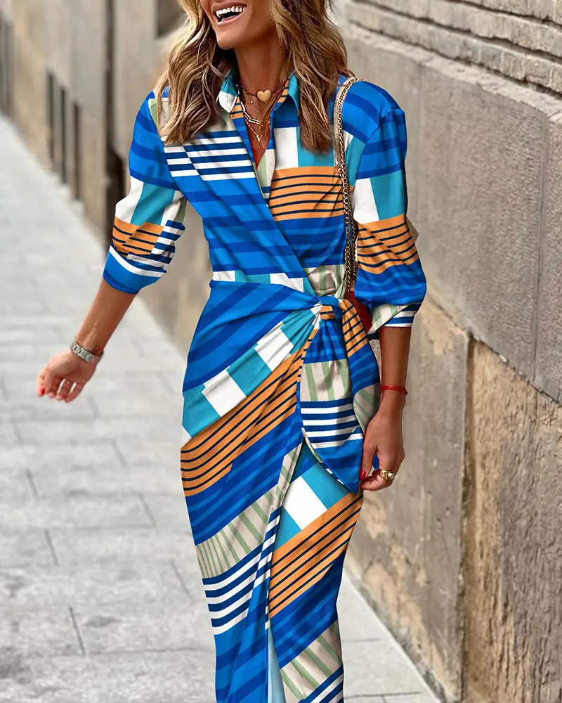 Robe chemise femme tenue décontractée bloc de couleur arc-en-ciel Patchwork imprimé col chemise Maxi robe longue