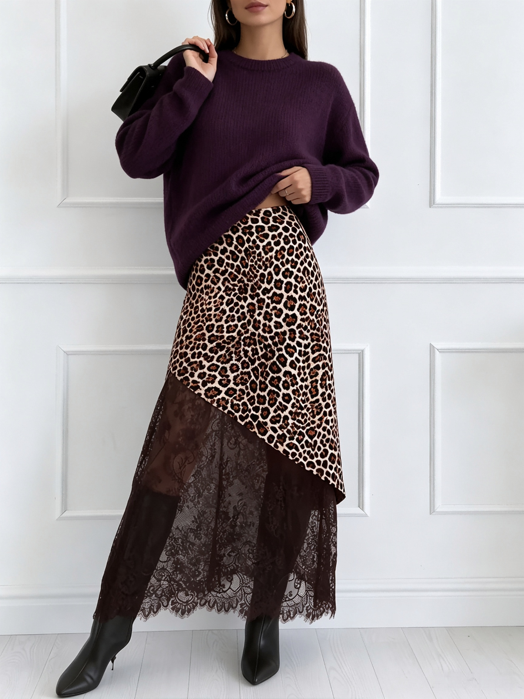 Jupe asymétrique à imprimé léopard pour femmes, taille haute, avec empiècements en dentelle, jupe longue vintage élégante, coupe A-line, longueur midi.