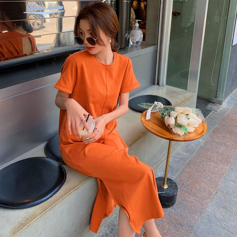 Robe mi-longue à manches courtes et col rond pour femmes, t-shirt dos nu décontracté, robe d'été monochromatique, vêtements tendance de la mode, nouveau document